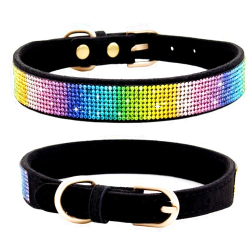 PETPUBGNZS Rhinestone Dog Collar Soft Leather Cat Collars Cute Luxury Diamond Studded Bling Dog Collar Necklaces Adjustable Puppy Collar for Small Medium Large Dogs Cats Kitten (Rainbow Black,L)