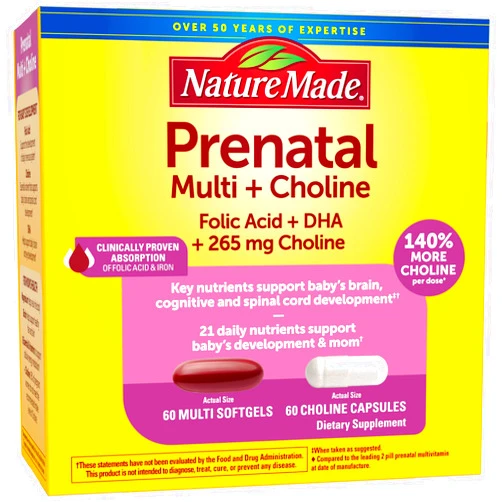 Nature Made Prenatal Vitamin Softgels + Choline Capsules, Folic Acid + DHA + Choline, 60 Prenatal Vitamins for Women, 60 Choline Supplements Capsules, 60 Day Supply