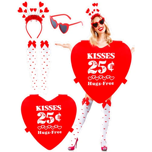 Maiteenly 4 Pcs Heart Costume Accessory Set Heart Costume for Women Men with Sunglasses Stockings Headband Red Tunic Adult Outfits for Anniversary Birthday