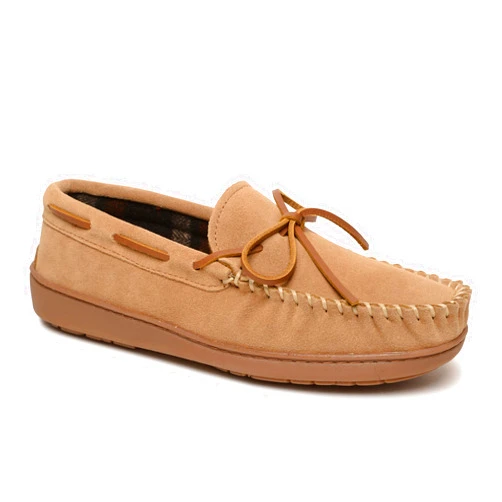 Minnetonka Plaid Lined Hardsole - Moccasin Slippers for Men Made with Suede Upper, Rubber Sole, Plush Interior, Fleece Lining, Rawhide Lace, and Traditional Moccasin Design