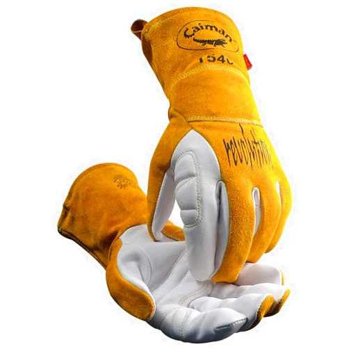 Caiman Premium Goat Grain TIG/Multi-Task Welding Gloves, Split Cowhide Back, 4-Inch Extended Cuff, White/Gold, Small (1540-3)