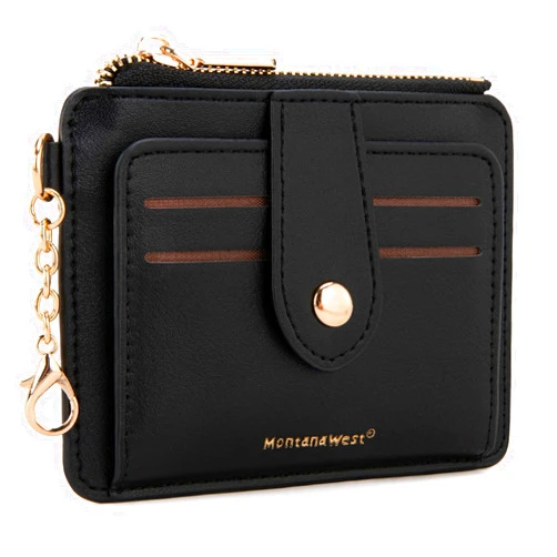 Montana West Small Credit Card Holder for Women Rfid Blocking Black Wallet with Id Window Thin Keychain Card Holder with Zipper Pocket Coin Purse