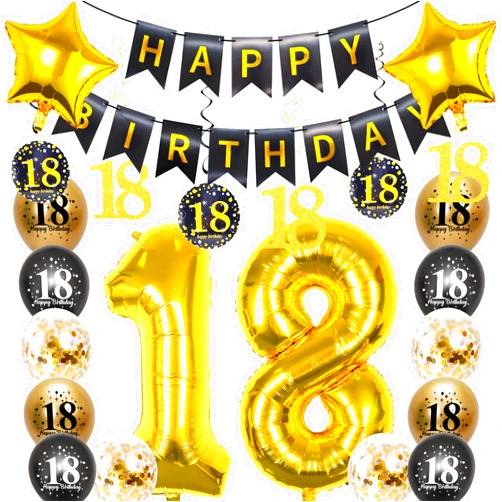 Pargleev 18th Birthday Decorations for Boys Girls,32in Number 18 Birthday Foil Balloons with Swirl Decorations Happy Birthday Banner and Star Foil Balloons 12PCS Confetii and Latex Balloons Black Gold