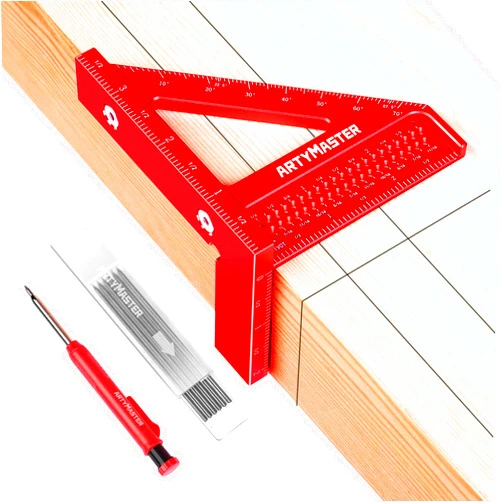 ArtyMaster 3.8＂Mini 3D Multi-Angle Measuring Square Ruler, WT102A High Precision Hole Scribing Woodworking Tools, 0-90° Aluminum Alloy Carpenter Square Wood Working Tools, Carpenter Pencils 6 Refills.