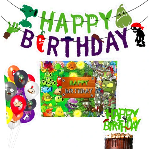 SEWALU Plant vs. Zom-bies Party Backdrop Party Banner, Cake Topper, Cupcake Topper, Cup Cake Wrappers, Zombies Hanging Swirls and PVSZ Balloons for PVSZ Party Supplies Decorations/Kids Room Decor