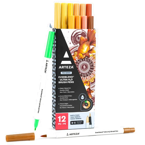 ARTEZA Dual Tip Brush Pens, 12 Earth Tones, Watercolor Calligraphy Markers, Nylon Brush and Fine Tip, Water-Based Ink, for Illustration, Lettering