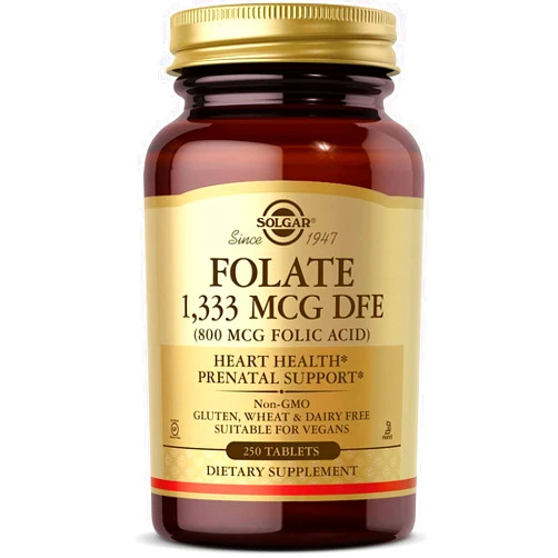 Solgar Folate 1,333 MCG Dietary Folate Equivalent (800 mcg Folic Acid), 250 Tablets - Heart Health, Healthy Nervous System, Prenatal Support - Non-GMO, Vegan, Gluten Free, Dairy Free - 250 Servings