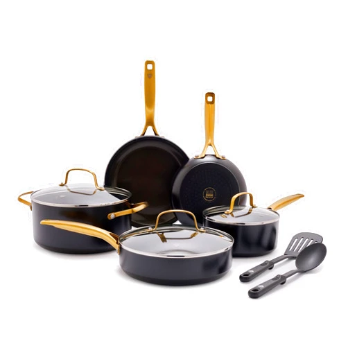 Blue Diamond Gold 10 Piece Cookware Pots and Pans Set, Induction Suitable, Diamond Infused PFAS and PFOA-Free Ceramic Nonstick, Durable, Metal Utensil Safe, Dishwasher Safe, Gold Handle, Black