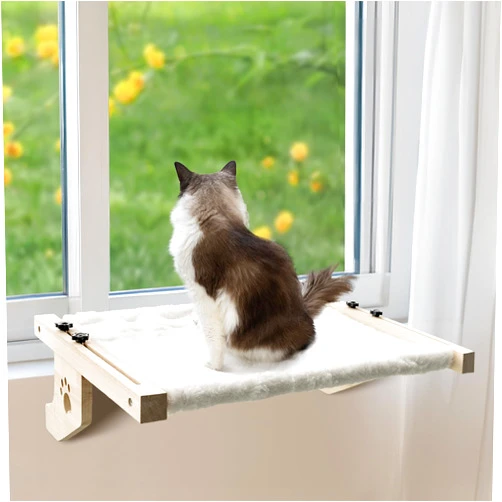 TUSATIY 21.7'' Cat Window Perch Bed, TUSATIY Sturdy & Durable Window Hammock for Cats with Ledges, Wooden Cat Window Perch for Indoor Cats Easy to Assemble for Windowsill, Bedside and More (White Plush)