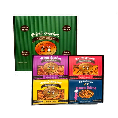 Brittle Brothers Variety Gift Set : 4-8 oz. Box Pack Voted #1 Peanut Cashew Pecan Bacon Corporate Candy Snack Birthday Sampler Christmas Mother Father