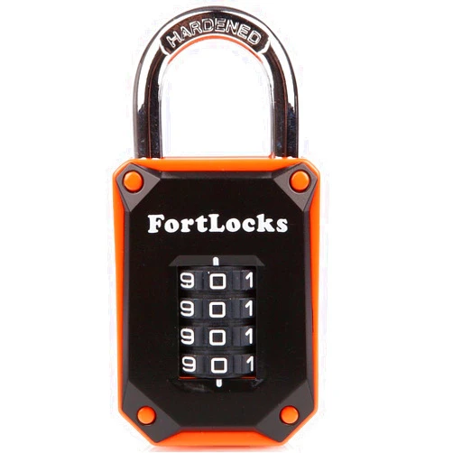 FortLocks Gym Locker Lock - 4 Digit, Heavy Duty, Hardened Stainless Steel, Weatherproof and Outdoor Combination Padlock - Easy to Read Numbers - Resettable and Cut Proof Combo Code - 1 Pack Orange