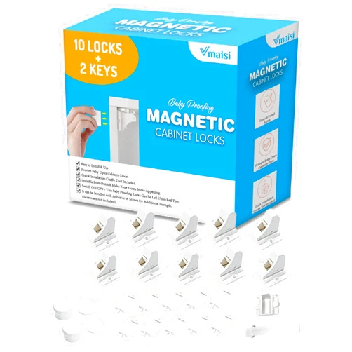 Vmaisi Adhesive Magnetic Locks for Cabinets & Drawers (10 Locks and 2 Keys)