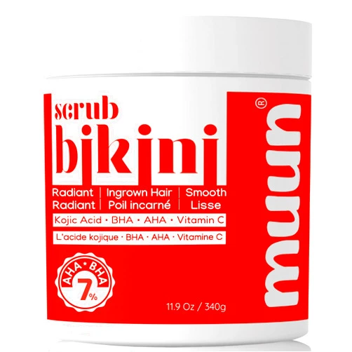 Muun Bikini Area Exfoliator, 2% Kojic Acid Vitamin C & 7% AHA/BHA Even Skin Tone & Ingrown Hair - Underarm Scrub - Radian, Smoothe & Soften Body Scrub