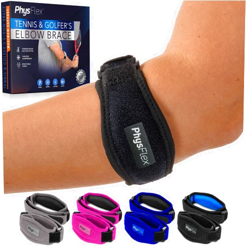 PhysFlex 2-Pack Elbow Brace for Men & Women, Adjustable Tennis & Golfer's Elbow Support Strap for Tendonitis Pain Relief - Compression Pad for Arm, Forearm, Tendon Pain Relief