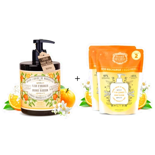 Panier des Sens - Orange Blossom Marseille Liquid Hand Soap + 2 Hand Soap Refills - Moisturizing Soap with Coconut Oil - Bathroom & Kitchen Foaming Soap - 96% Natural Ingredients Hand Wash-50.7 Fl.oz