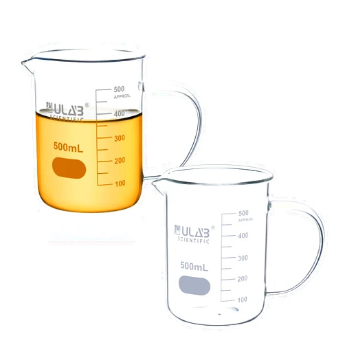 ULAB Glass Beaker with Handle, Vol. 500ml, 3.3 Borosilicate Griffin Low Form with Printed Graduation,Pack of 2,UBG1070