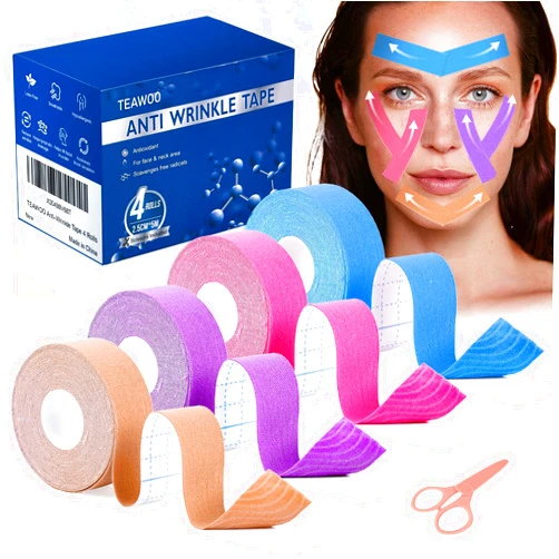 TEAWOO Anti-Wrinkle Tape | Facial Myofascial Lift Tape for Skin Firming, Toning & Tightening | Lift Tape for Face, Neck & Forehead | Smooths Wrinkles, Lifts Skin Anti-Aging Face Patches (4 Colors Assorted)