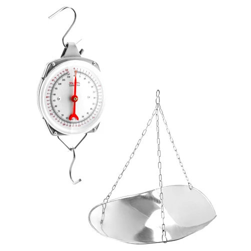 QWORK 110 lbs Large Display Spring Dial Weight Scale & Scale Scoop/Chain with Hanging Cradle, Steel Construction, for Shopping, Traveling, Kitchen, Silver