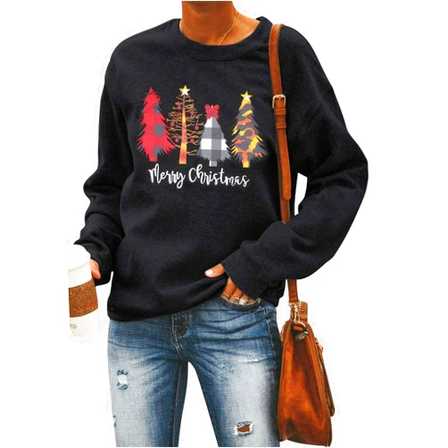 ASTANFY Merry Christmas Sweatshirt for Women Drop Shoulder Long Sleeve Christmas Tree Pullover Lightweight Shirt