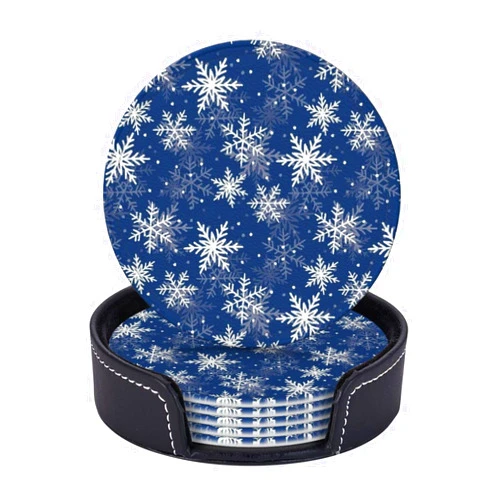 BOXIMIAO Drink Coasters with Holder Stand Set of 6, Snowflake Winter Blue Pu Leather Absorbent Coasters with Cork Base Table Coaster Round Coasters for Housewarming Apartment Kitchen Bar Decor
