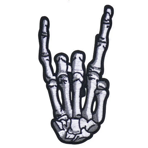 Graphic Dust Skeleton Rock n Roll Hand Sign Iron on Embroidered Patch Hand Skull Symbol Music Heavy Metal Freedom Pop Biker Motorcycle Finger Punk Rock Jacket Jean