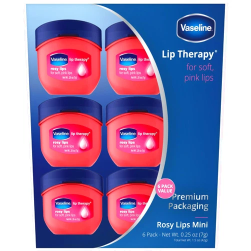 Vaseline Lip Therapy Rosy Lips Mini, Pure Petroleum Jelly, Advanced Moisture, Light Rose Fragrance, Sheer Pink Tint on Lips, Mini Vaseline Petroleum Jelly, Soft Vaseline Lips (Pack of 6-0.25 Oz Ea)