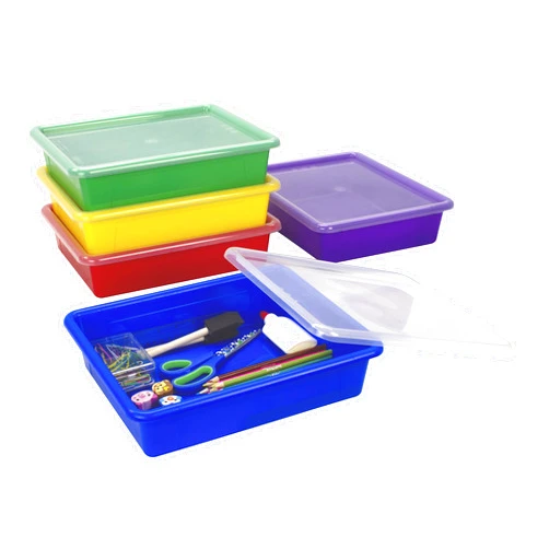 Storex Letter Size Flat Storage Tray – Organizer Bin with Non-Snap Lid for Classroom, Office and Home, Assorted Colors, 5-Pack (62534A05C)