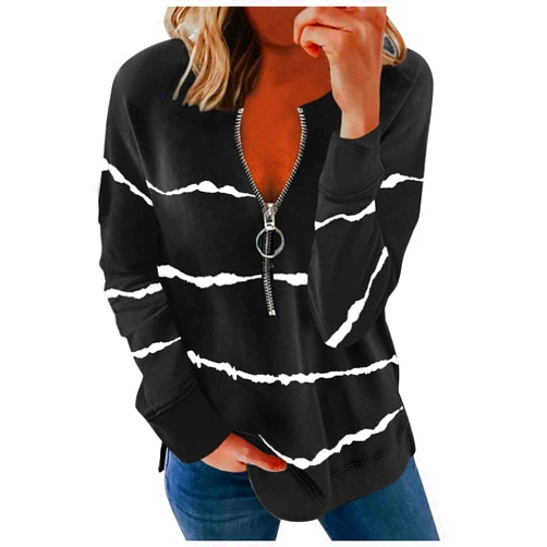 VISLINDU Long Sleeve Tops for Women, Women Striped Tshirts Zipper Tunic Shirts Pullover Tops Casual Tunics Blouses Black Small