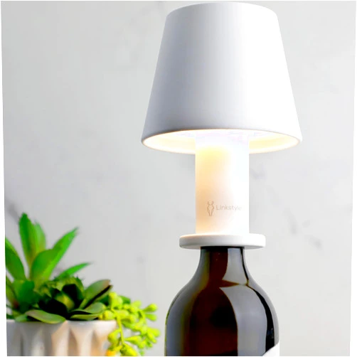 Linkstyle.life GLOVI Wine Bottle Lamp with Luxurious Metal Shade — Premium Decorative Rechargeable LED Wireless Bottle Light, Dimmable Lights, Waterproof for Indoor and Outdoor Dining (Elegant White) by LINKSTYLE