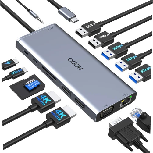 HODO USB C Docking Station Dual Monitor HDMI for Dell HP, Laptop Docking Station USB Type C Hub Multiport Adapter Dongle Thunderbolt 3 USB-C to 2 HDMI,Ethernet,VGA,5 USB A,PD,SD/TF,Audio for Lenovo,Surface