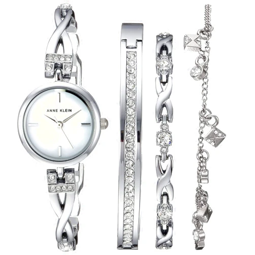 Anne Klein Women's Premium Crystal Accented Silver-Tone Watch and Bracelet Set