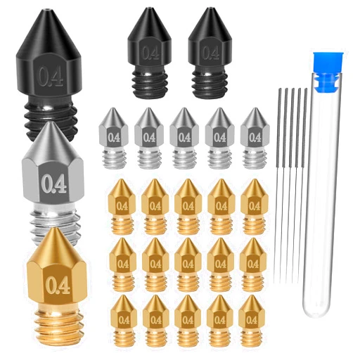 EXCELFU 22PCS 0.4mm MK8 Nozzles 3D Printer Extruder Nozzle Hardened Steel, Stainless Steel, Brass High Temperature Pointed Wear Resistant with Cleaning Needles for Makerbot, CR-10, Ender 3/Ender3 pro,Prusa i3