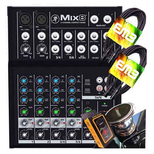 Mackie Mix8 8-Channel Compact Mixer with Pair of EMB XLR Cable and Gravity Magnet Phone Holder Bundle (2)