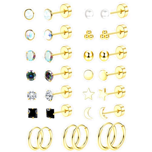 Jstyle Hypoallergenic Flat Back Stud Earrings for Women Men Surgical Stainless Steel Earrings for Sensitive Ears Small Stud Hoop Silver Gold Black Earrings Cartilage Earring Set for Multiple Piercing