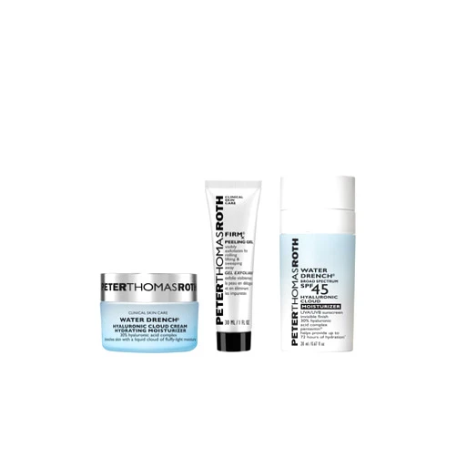 Peter Thomas Roth | Travel-Size FIRMx® Peeling Gel, Water Drench® Hyaluronic Cloud Cream Hydrating Moisturizer, Water Drench® Broad Spectrum SPF 45 Hyaluronic Cloud Moisturizer