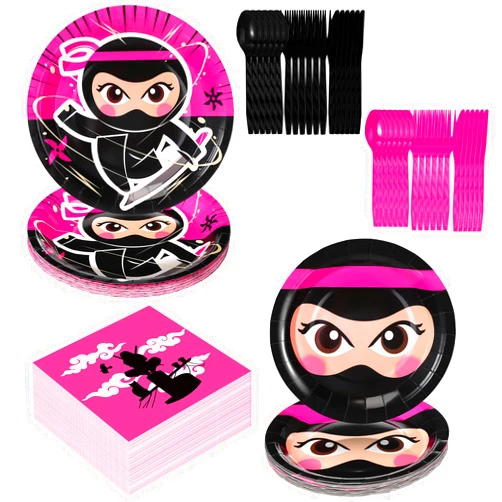 Gejoy 96 Pcs Ninja Birthday Party Supplies Decorations Tableware Kit Include Plates Knives Forks Spoons Napkins for Boy Girls Birthday Party Favors Serve 24 Guests(Girl Style)