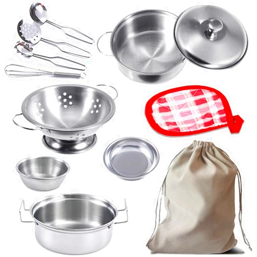 Rupnoflbui Kids Pretend Play Kitchen Toys,Mini Cooking Toys Set Play Kitchen Accessories with Stainless Steel Pots and Pans Set,Pretend Play Food Cooking Utensils Cookware for Girls Boys.11Pcs
