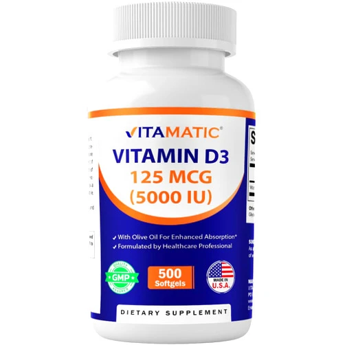 Vitamatic Vitamin D3 5000 IU (125 mcg) – 500 Mini Softgels Olive Oil-Based Formula – Cold-Pressed – 500-Day Supply – Supports Bone, Muscle & Immune Health – Non-GMO & Gluten-Free