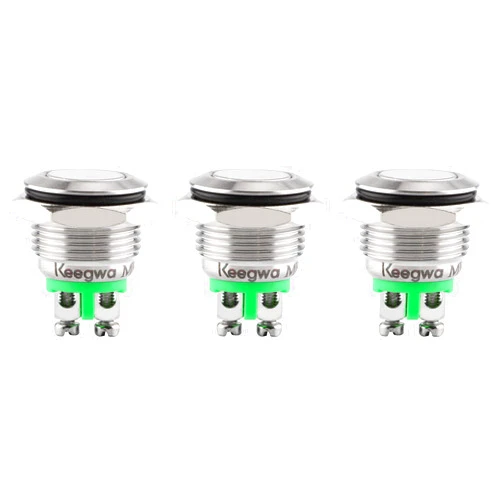 Keegwa (3 PCS) 16MM Momentary Push Button Switch Metal Waterproof Stainless Steel 12V 24V 36V DC 110V 250V AC 5A 1NO SPST (Flat Round)
