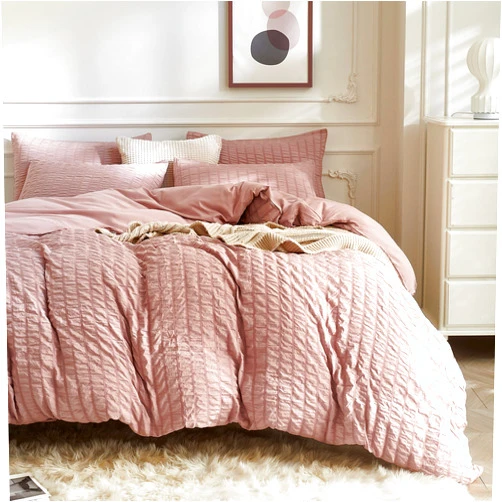 JELLYMONI Smokey Pink Duvet Cover Queen Size, 3pcs Washed Microfiber Bedding Set, Soft Breathable Seersucker Duvet Cover Set with Zipper Closure and Corner Ties for All Seasons