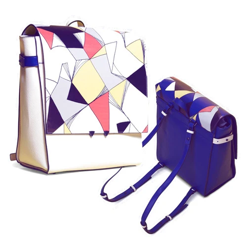 Niko Ineko Women's Large Backpack Kitty Snout Ears Hardware Geo Print Blue