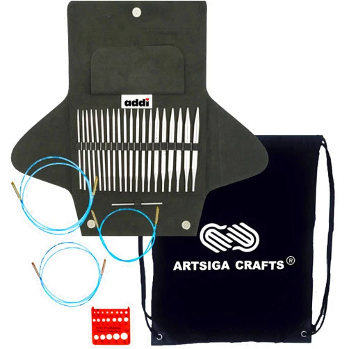 addi Click Turbo Basic 5-Inch Interchangeable Circular Knitting Needle Set Sizes US 4, 5, 6, 7, 8, 9, 10, 11, 13 and 15 with 3 Blue Cords, Black Canvas Case with Project Bag