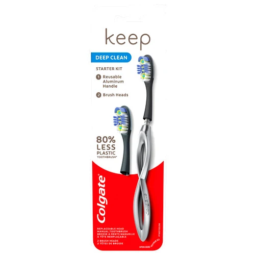 Colgate Keep Soft Manual Toothbrush for Adults with 2 Deep Clean Floss-Tip Brush Heads, Silver