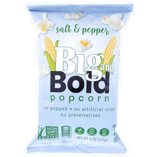 Poptime Big and Bold Popcorn Snack – Salt and Pepper – Air Popped - 6 Oz Bags - 6 Count - Whole Grain, Non-GMO, Vegan, Gluten-Free, Dairy-Free, Kosher - Low Calorie Healthy Snack