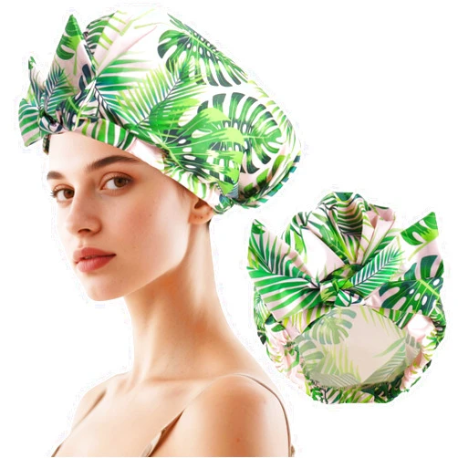JOLYEAK Hair Cap for Shower Small Size Reusable Waterproof Hair Cap Palm Leaves Women Shower Caps with Bow Knot for Long Short Curly Hair (Palm Leaves)