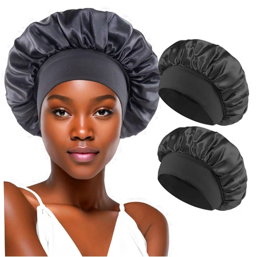 AILONSHAWN Satin Bonnet for Curly Hair Bonnet Silk Bonnet for Sleeping Women Sleep Cap Silk Night Cap Large Shower Sleep Hat Black 2 Pack