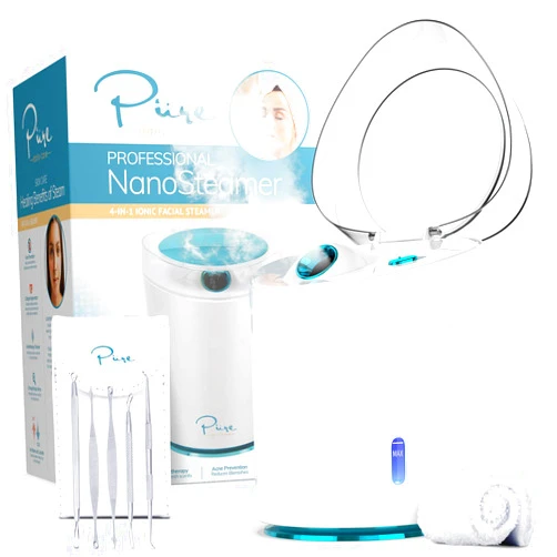 Pure Daily Care NanoSteamer PRO Professional 4-in-1 Nano Ionic Facial Steamer for Spas - 30 Min Steam Time - Humidifier - Unclogs Pores - Blackheads - Spa Quality - 5 Piece Stainless Steel Skin Kit Included