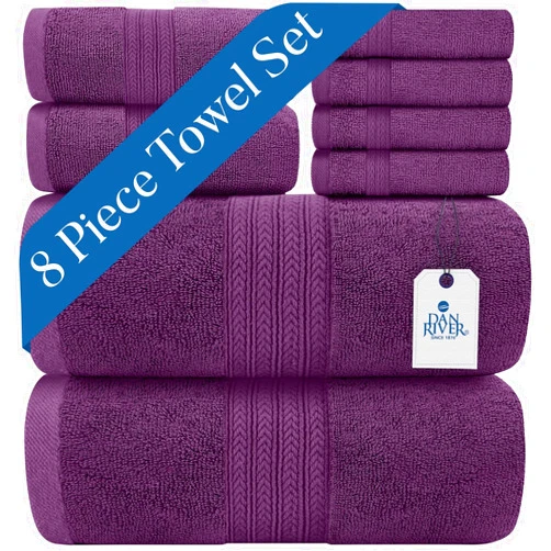 DAN RIVER 100% Luxurious Cotton Bath Towels Set - Premium Quality Pack of 8 - Ultimate Comfort and Absorbency for Bathroom, Luxury Bath Towels Set for Home & Spa (27