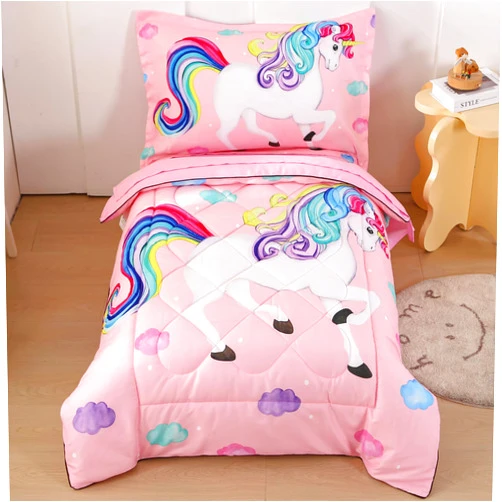 Wowelife Unicorn Toddler Bedding Set for Girls, Rainbow 4 Piece Toddler Bed Sheets Sets Pink Toddler Comforter Set Kids Bag in A Bag with Comforter, Flat Sheet, Fitted Sheet and Pillowcase, Pink