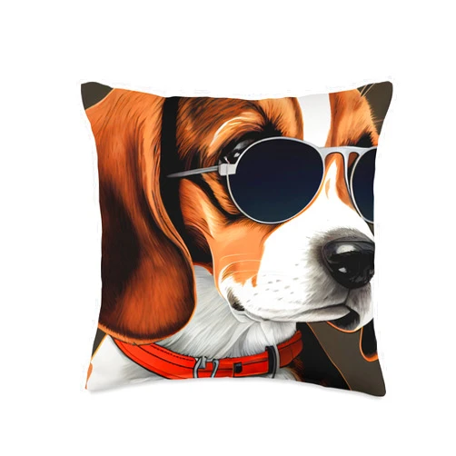 Funny and Cute Dog Lover Unique Digital Art Cute Adorable Beagle Puppy with Sunglasses Comic Digital Art Throw Pillow, 16x16, Multicolor